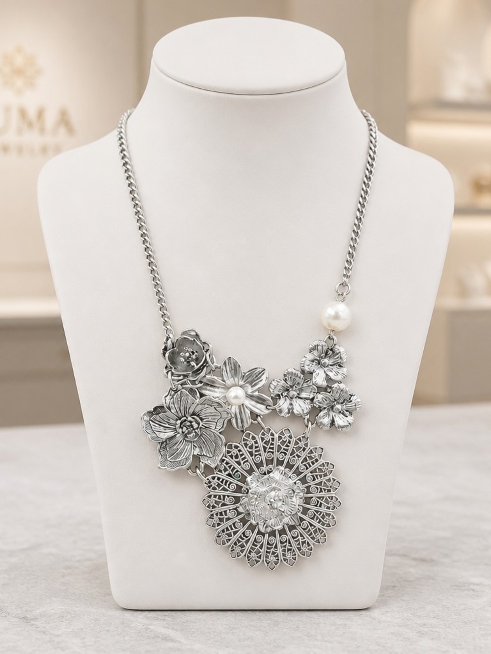 Elegant Silver Floral Statement Necklace with Pearl Accent